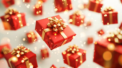 Fototapeta premium red gift box set with golden bow, gift boxes flying over white background.Generative AI