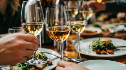 Elegant dining experience with wine glasses and gourmet food