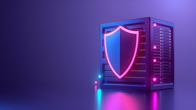 A secure server with a shield icon glowing in neon light, symbolizing cybersecurity and data protection in a futuristic environment.