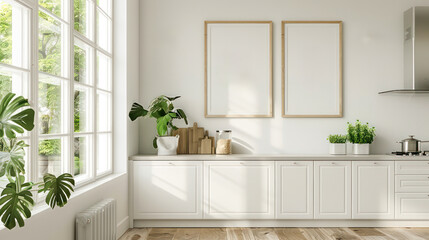 Fototapeta premium Modern interior design of kitchen space with empty wooden frame on the wall.Generative AI