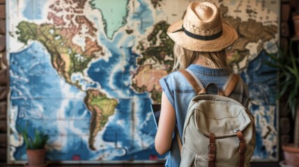 Young explorer with backpack planning adventure in front of world map