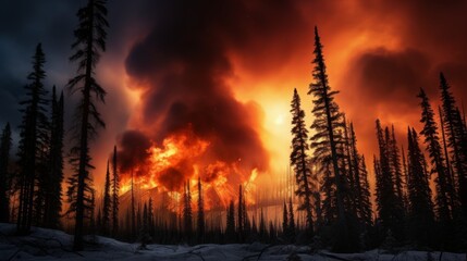 Fiery sunset with dark smoke clouds   intense forest fire signals dangerous blaze intensity