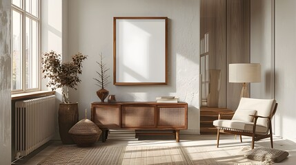 Modern Nordic Design: Blank Frame and Wooden Accessories in a Cozy Living Room