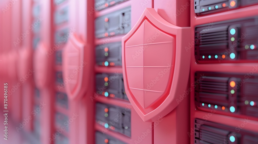 Poster close-up of servers with a shield, representing cybersecurity and data protection in a data center.