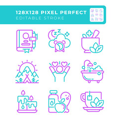 Healthy lifestyle two color line icons set. Meditation and practices. Hygiene and relaxation. Health care bicolor outline iconset isolated. Duotone pictograms thin linear. Editable stroke