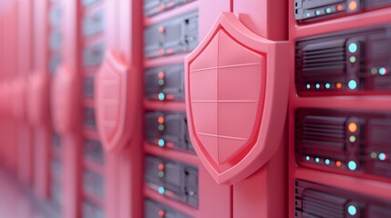 Close-up of servers with a shield, representing cybersecurity and data protection in a data center.