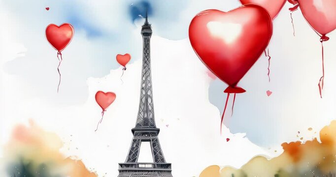 Eiffel Tower on Saint Valentines day with flying hearts balloons. Animated watercolor bright and festive illustration of romantic Paris and love