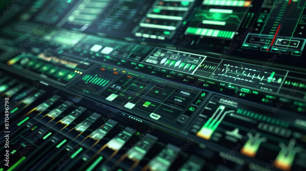 Poster A close-up shot of a futuristic interface with green data displayed on numerous screens, emphasizing technological advancement and data analysis