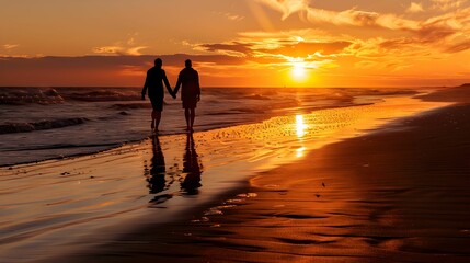 Fototapeta premium Romantic Couple Holding Hands Walking on the Beach at Sunset 