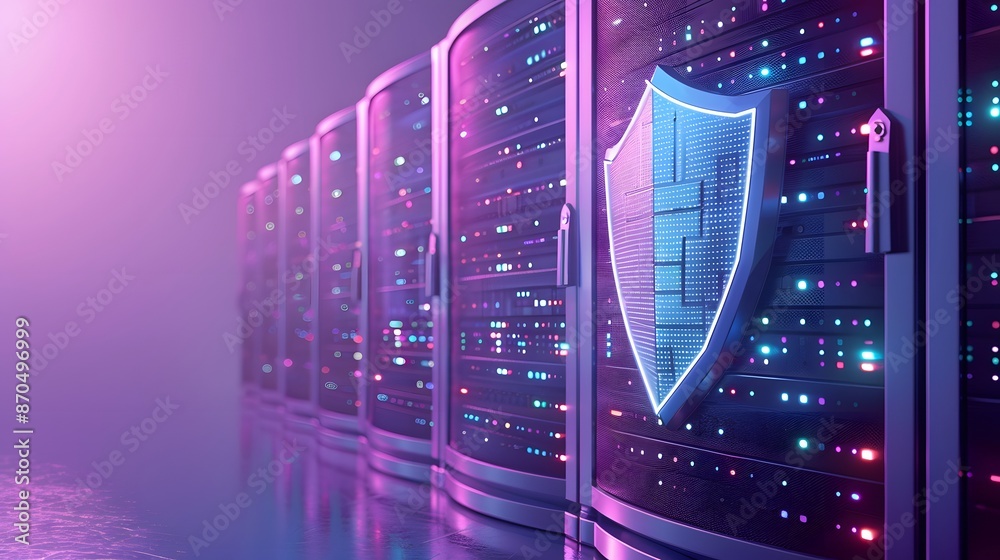 Poster cybersecurity concept showing neon lights on data server racks in a modern data center with a glowin