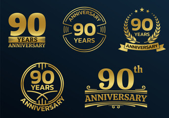 90 years icon or logo set. 90th anniversary celebrating golden sign or stamp. Jubilee, birthday celebration design element. Vector illustration.
