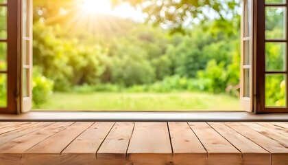 Wooden table with blurred background window view during summertime. Generative ai