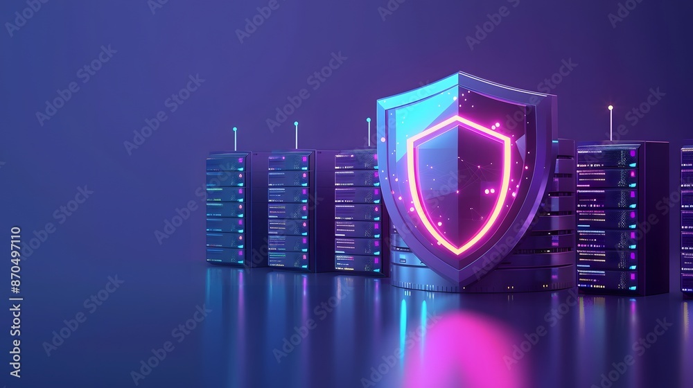 Poster cybersecurity concept with glowing shield icon and server racks, symbolizing data protection, intern