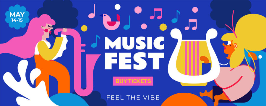 Banner Music Festival. Evening atmosphere, musical instruments, people playing and enjoying music.  Suitable for cultural events, jazz, outdoor festivals and much more