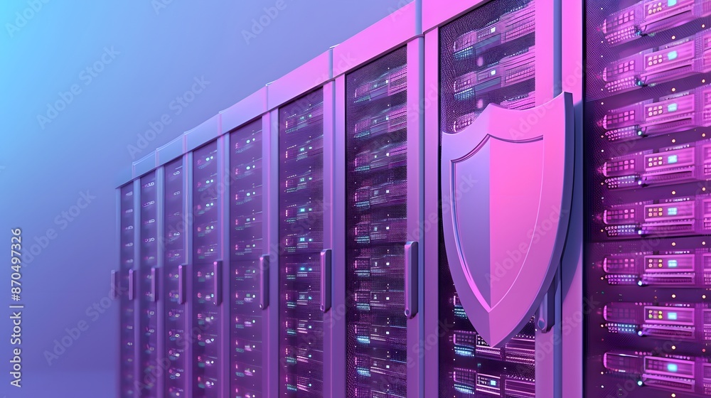 Poster data center security concept with server racks and shield symbol representing data protection and cy