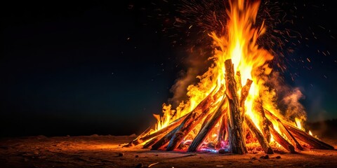 Vibrant bonfire glowing in the dark night , bonfire, flames, warmth, dark, night, campfire, heat, wilderness, outdoor, fire pit