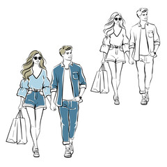 Stylish girl and guy in fashionable denim clothes, a couple in love walks together and holds hands. Vector line art illustration