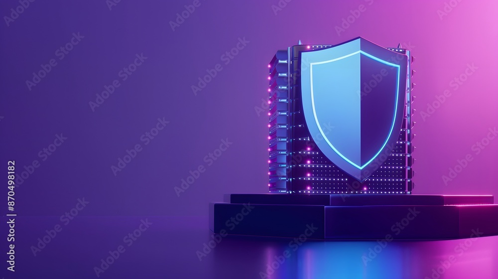 Poster digital security concept with a glowing shield icon on a server stack, representing data protection 