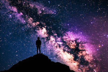 Starry night sky with silhouette of a person on a mountain peak