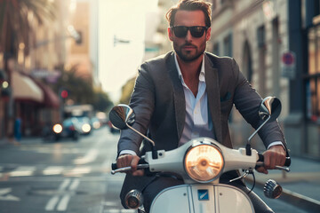 Elegant modern issue person driving to office using ecological transport, minding ecology protection, Generative AI