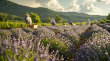 Obraz premium A farm engaged in the cultivation of lavender. Workers collect lavender and other plants.