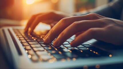 Close-up of a woman's hands typing text on a laptop or computer keyboard, a female student or journalist performing online tasks and internet jobs, concept of business, workspace, office, writing.