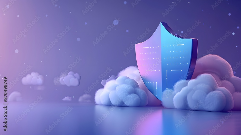 Poster digital shield with cloud computing concept in surreal landscape. cybersecurity and data protection 
