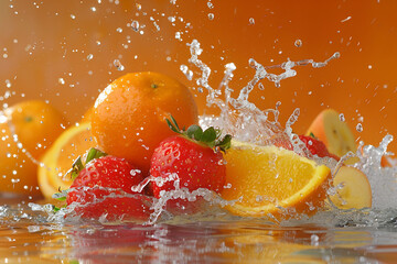 Multivitamin water wave splash with orange fruit generate AI