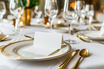 Elegant table setting with blank name card at upscale event