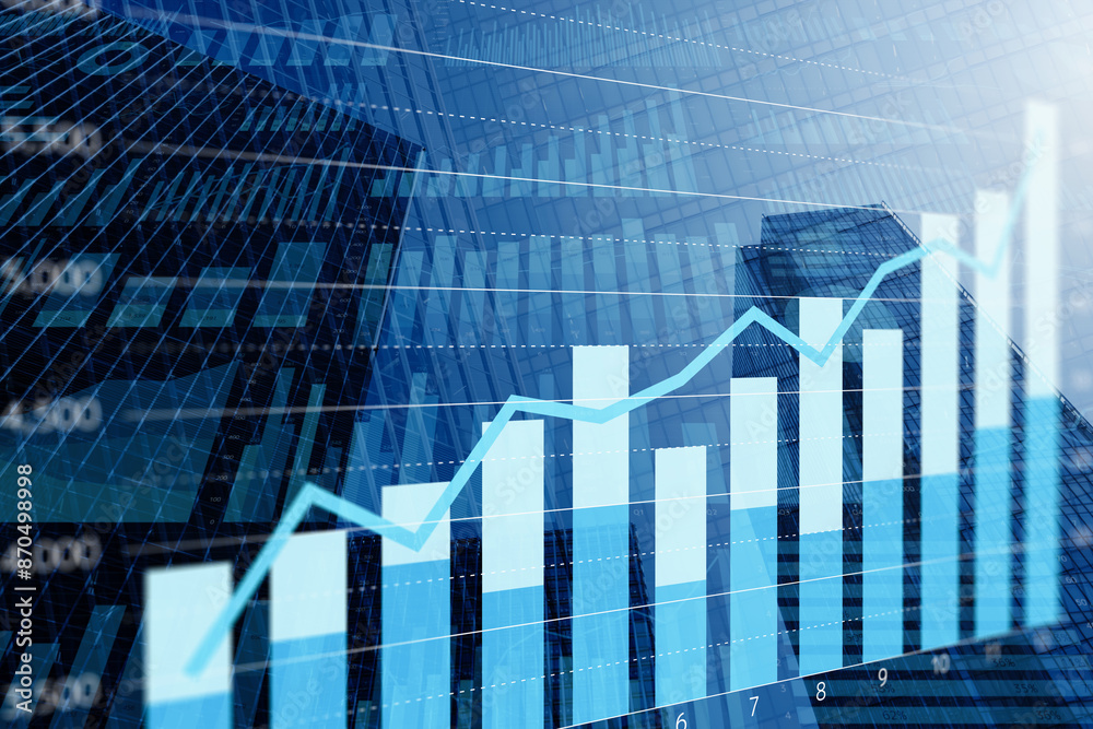 Poster Financial data of growth business. Data analysis and management. Many statistical graphs on background of tall buildings.