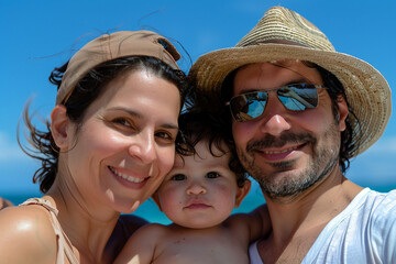 Obraz premium Happy full young family members with kids resting by the beach summer vacation time, Generative AI