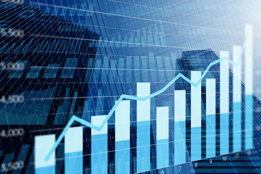 Financial data of growth business. Data analysis and management. Many statistical graphs on background of tall buildings.