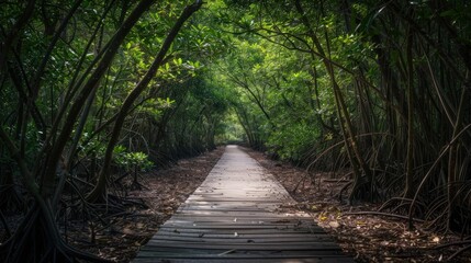Obraz premium A path through a forest with trees on either side