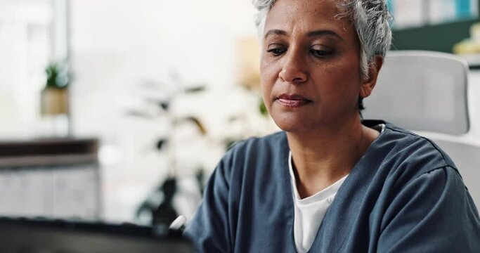 Mature woman, doctor and writing on tablet for healthcare, planning and schedule appointment in clinic. Senior medic, tech and digital pen for telehealth notes, admin and medical info for diagnosis