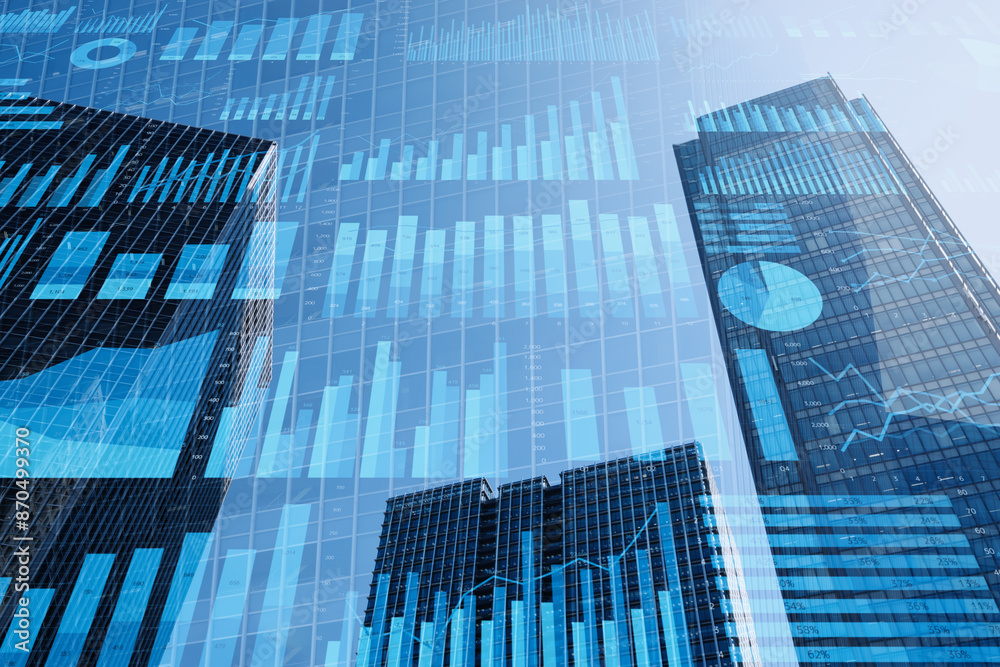 Poster Business management data and economic indicator. Financial and statistical information. Many graphs and charts on background of tall buildings.