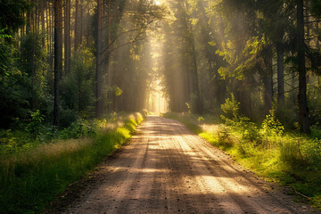 Fototapeta premium Picture of summer sunrise in green forest AI generative