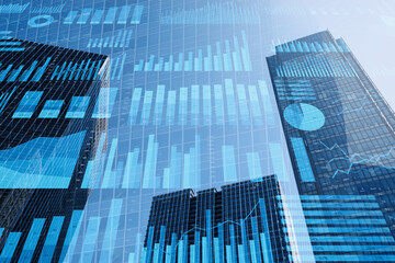 Business management data and economic indicator. Financial and statistical information. Many graphs and charts on background of tall buildings.