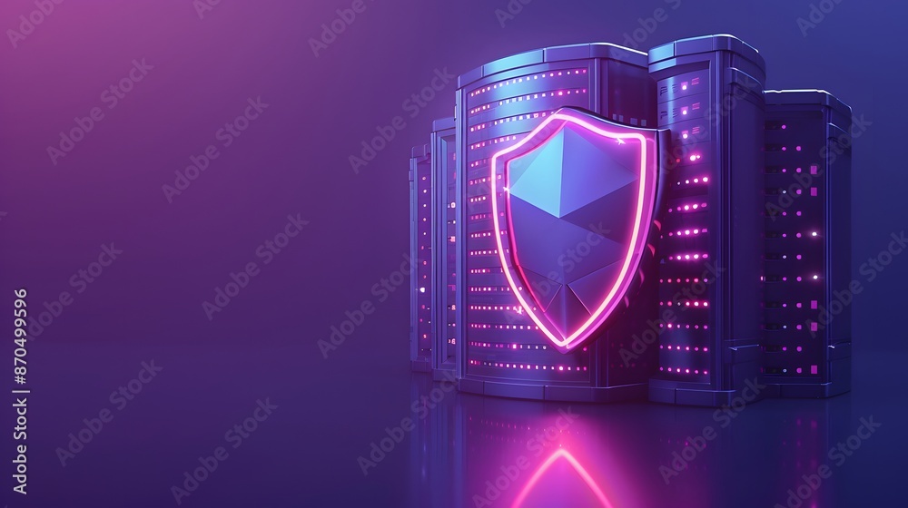 Poster futuristic data security concept with a glowing neon shield in front of server racks. representation