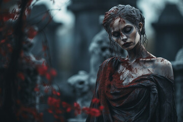 Obraz premium AI generated picture of beautiful young gothic woman at the cemetery on halloween night