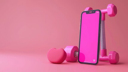 Concept for a fitness app, shown as a 3D illustration with a smartphone screen mockup and sports equipment on a pink background.