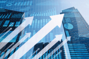 Naklejka na ściany i meble Successful growth companies. Booming economy and good business performance. Many arrows on background of many graphs and tall buildings.