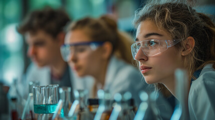High school students in a physics lab conducting experiments, serious and focused scientific environment