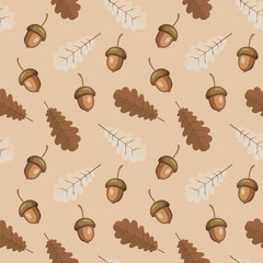 Seamless pattern, autumn oak leaves and acorns on a beige background. Pastel colors. Print, background, textile, vector