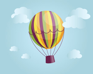 Fototapeta premium Illustration, colorful striped hot air balloon on the background of a landscape with clouds. Print, poster, vector