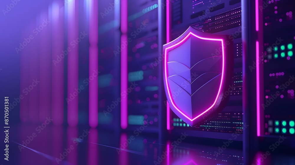 Poster futuristic server room with glowing cybersecurity shield protecting hardware. high-tech data center 