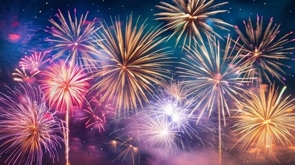 Fototapeta premium Fireworks explode in brilliant bursts of color, lighting up the night with their fiery spectacle.
