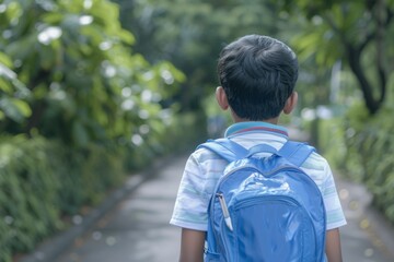 Little boy with backpack walking to school