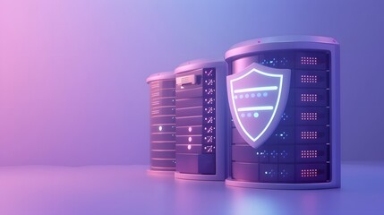 Obraz premium Futuristic server units with a bright shield icon, representing cybersecurity and data protection, in a purple and blue ambient light.