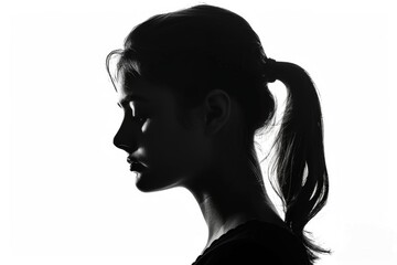 Silhouette of a young woman in profile against white background