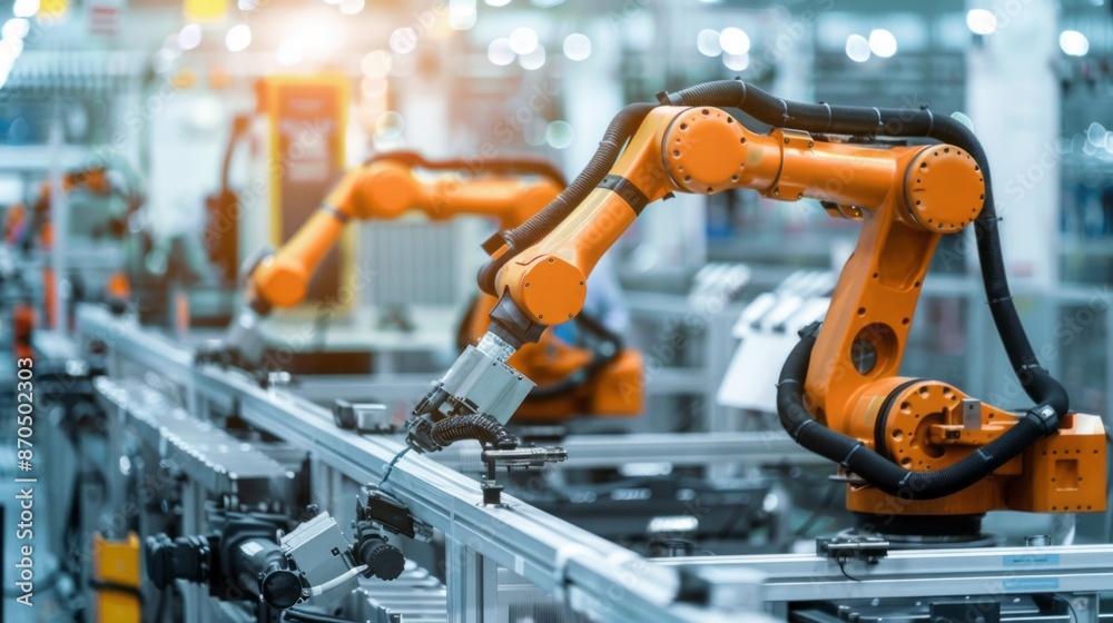 Aufkleber an industrial robot arm works on an assembly line, showcasing automation in modern manufacturing